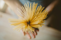 Hand holding a bundle of uncooked spaghetti pasta viewed from above
