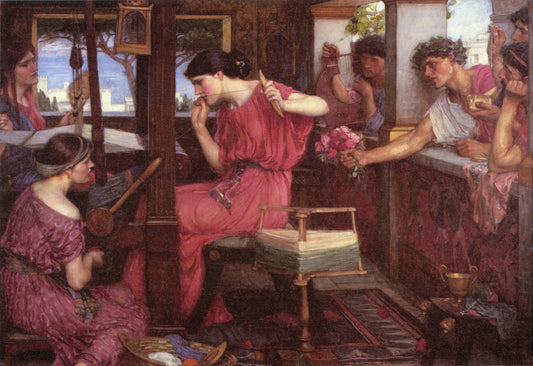 Classical painting of women weaving on a loom with men offering flowers through a window