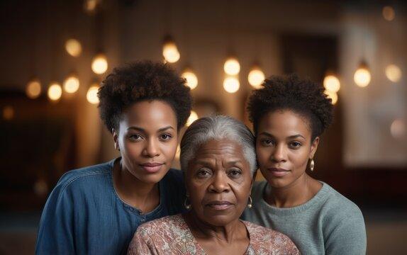 Portrait of three women from different generations indoors with soft lighting and blurred background