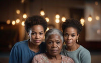 Portrait of three women from different generations indoors with soft lighting and blurred background