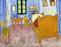 Painting of a cozy bedroom with a wooden bed, chairs, and table in a bright, colorful style.