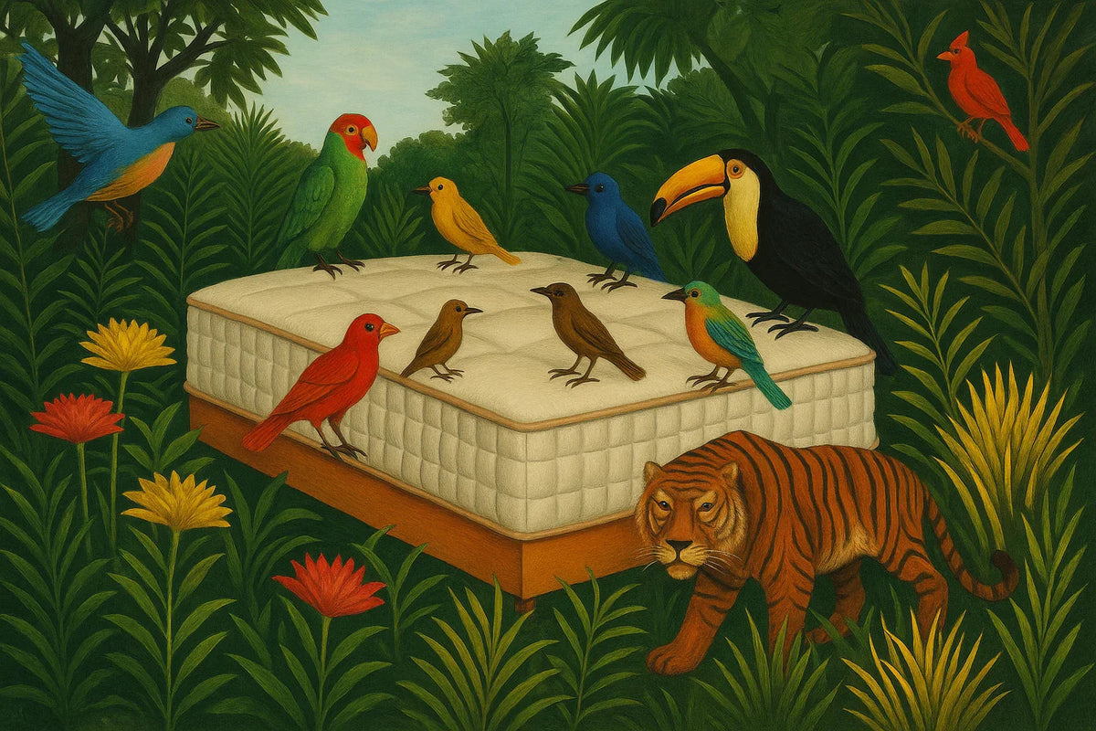 Luxury mattress in a lush jungle with colorful birds and a tiger, nature-inspired design