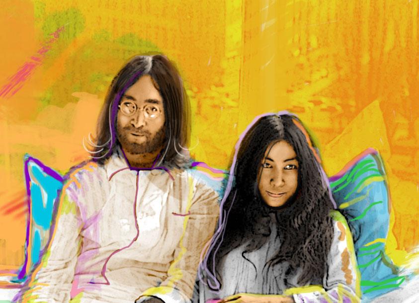 Artistic illustration of a man and woman with long hair sitting on a bed with bright pillows