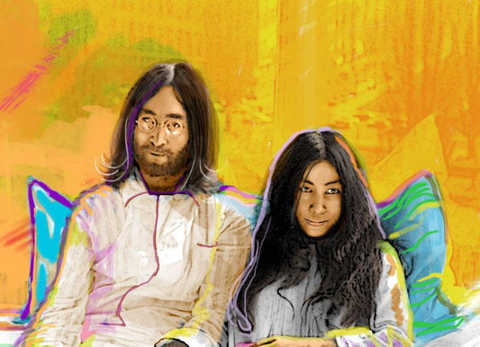 Artistic illustration of a man and woman with long hair sitting on a bed with bright pillows