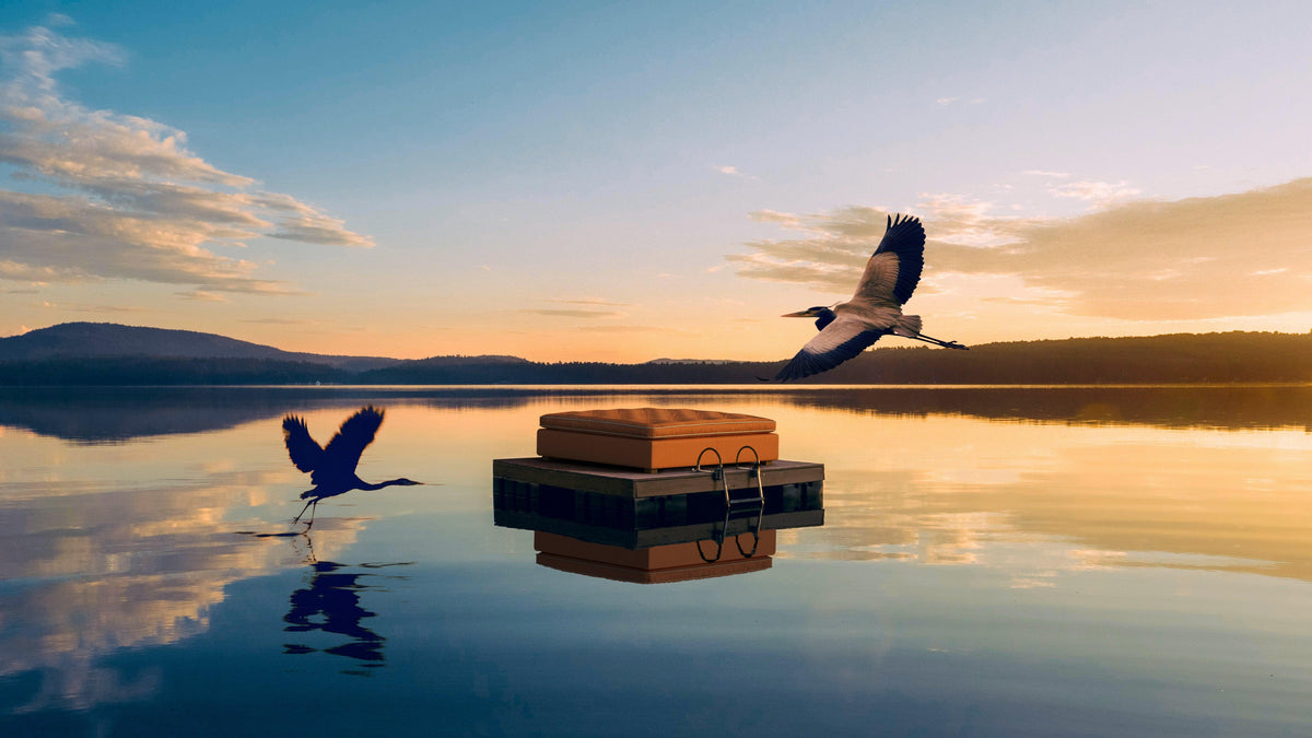 Luxury mattress on floating platform at sunrise with bird flying over calm lake