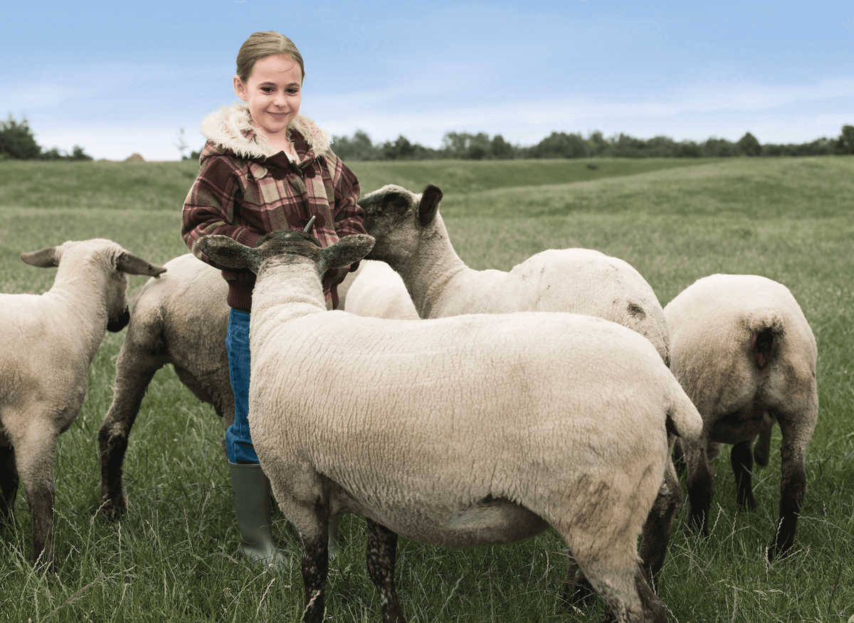 Young girl in plaid jacket standing in grassy field with flock of sheep, natural wool source