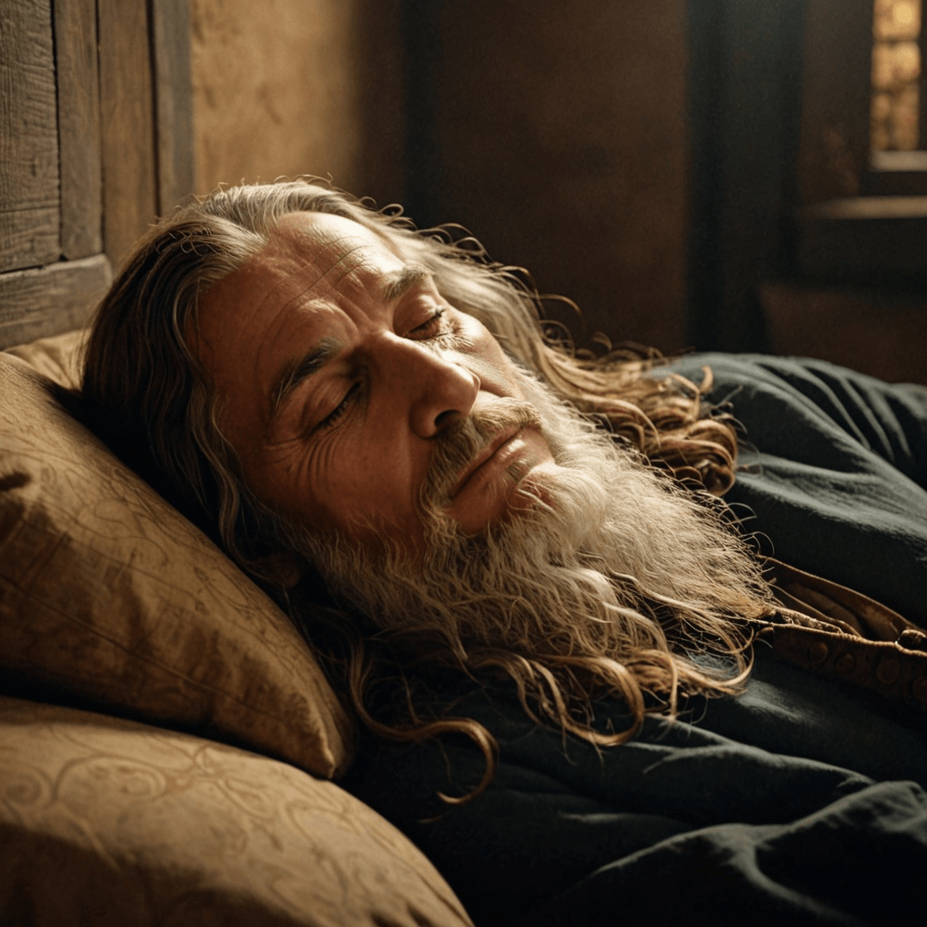 Elderly man with long beard sleeping peacefully on a bed with brown pillows in soft light