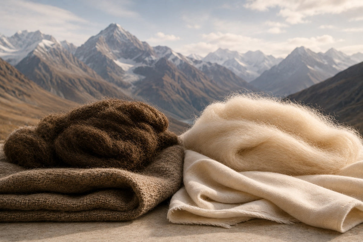 Raw brown and white natural wool fibers on folded fabric against a mountain landscape.
