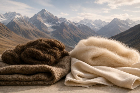 Raw brown and white natural wool fibers on folded fabric against a mountain landscape.
