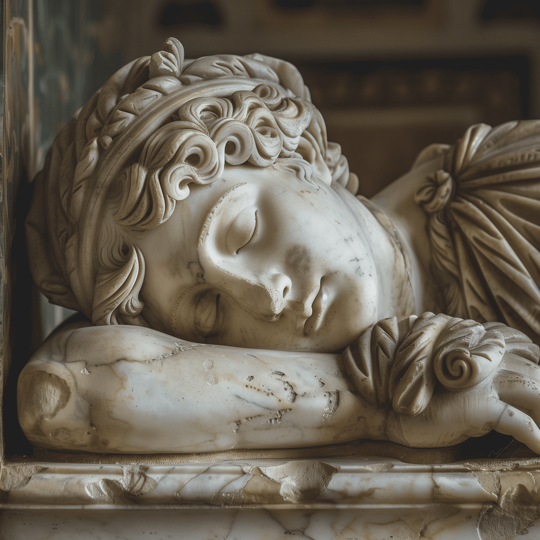 Ancient Roman marble statue of a sleeping figure with intricate curls and draped garment