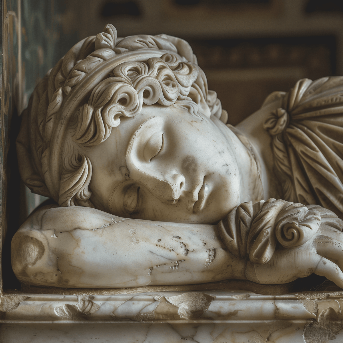 Ancient Roman marble statue of a sleeping figure with intricate curls and draped garment
