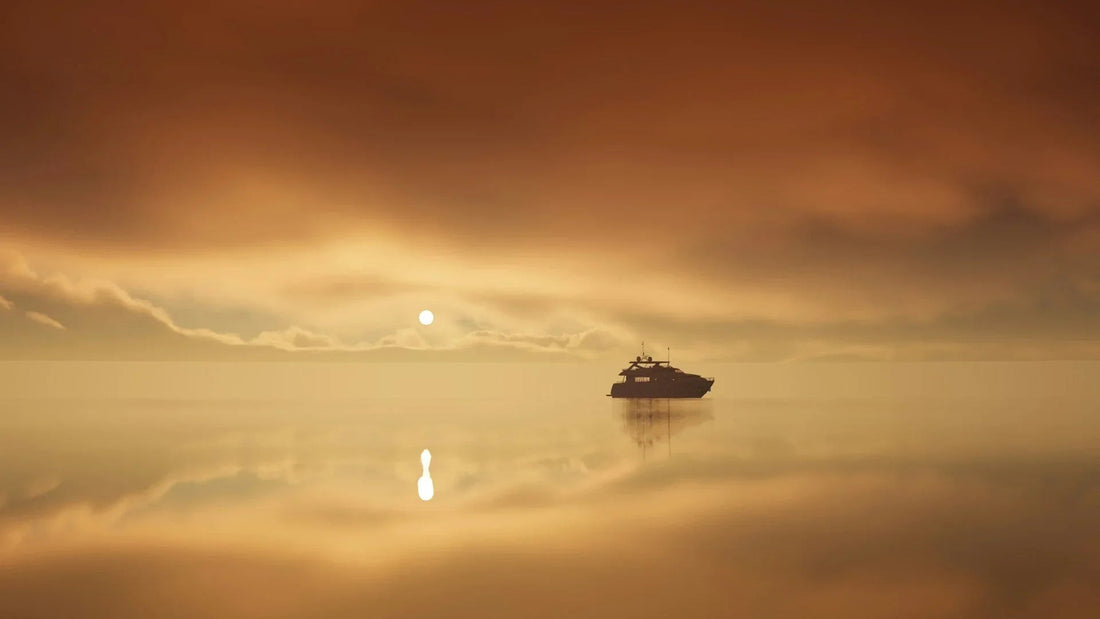 Luxury yacht on calm water at sunset with golden clouds and serene reflection