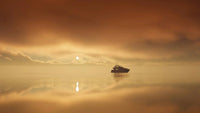 Luxury yacht on calm water at sunset with golden clouds and serene reflection