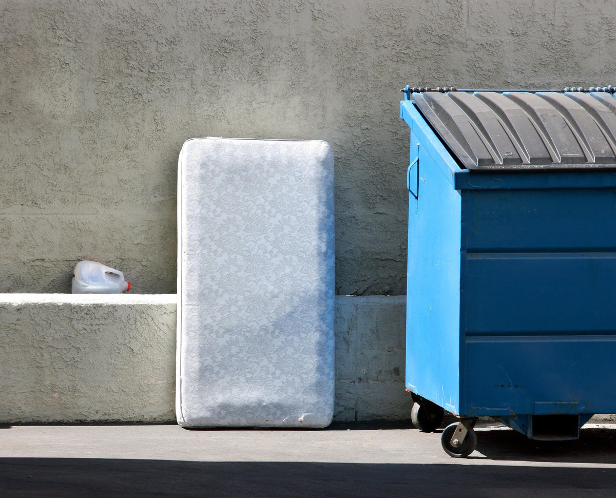 Old mattress leaning against wall beside blue dumpster in urban setting