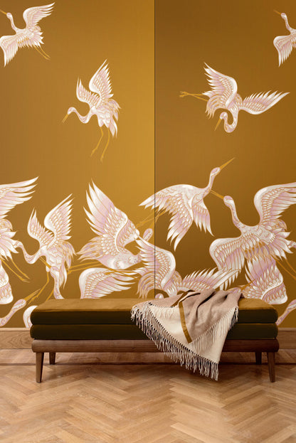 Heron. Panel. Decorative. Dreamy. Fly. Gold.