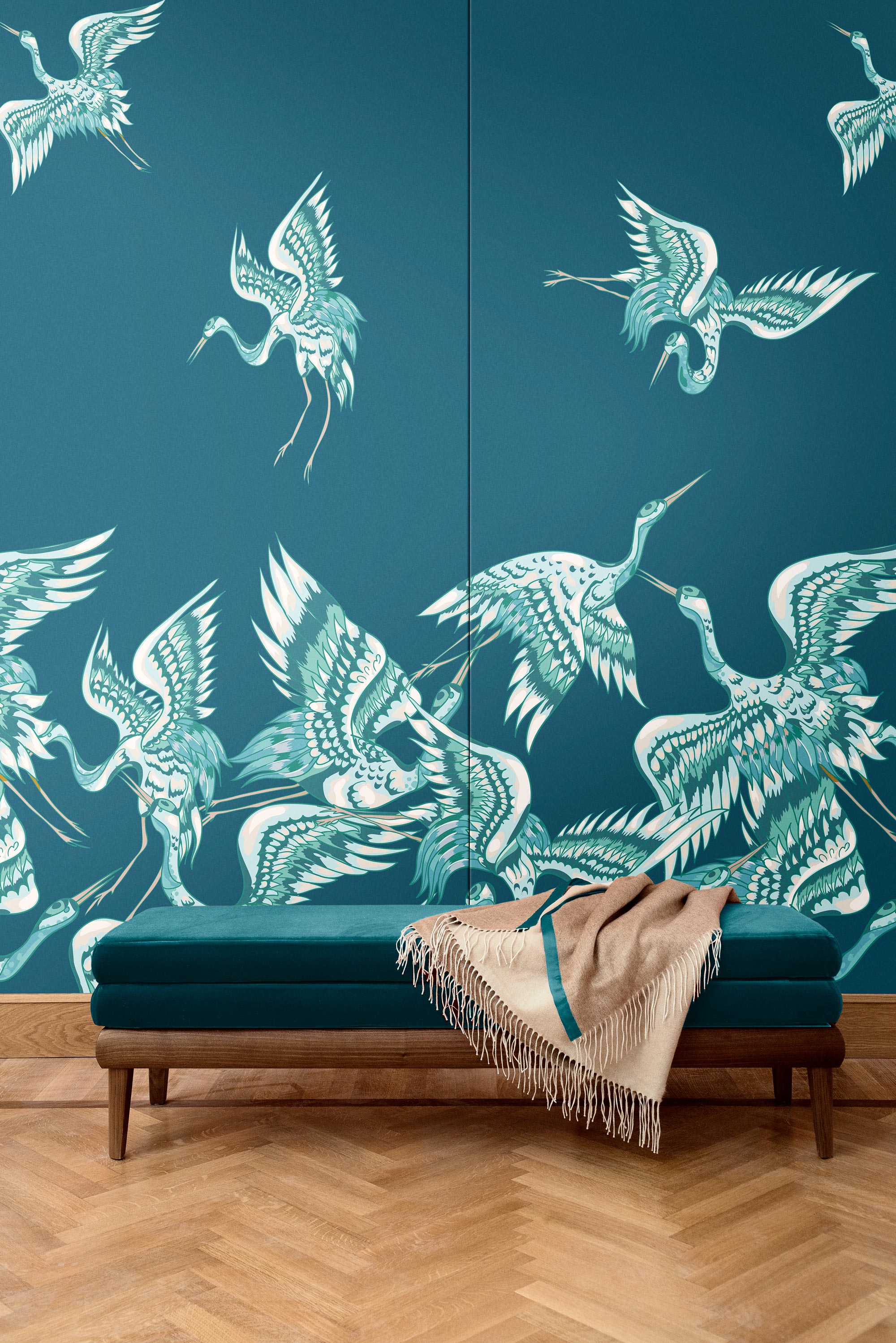 Heron. Panel. Decorative. Dreamy. Fly. Blue.