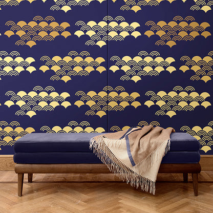 Japanese pattern wall covering. Silk. Made in Italy. Gold and Blue.