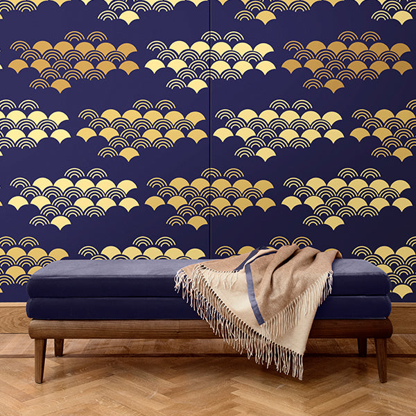 Japanese pattern wall covering. Silk. Made in Italy. Gold and Blue.