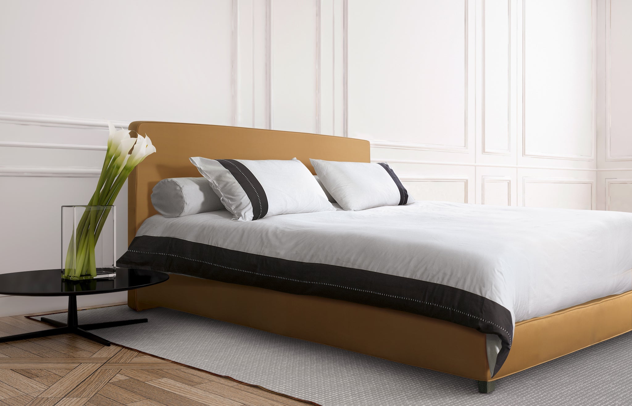 Luxury and precious elegant bed. leather headboard. Italian bed. handmade with natural materials. Made in italy.