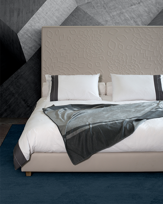 Luxury and precious elegant bed. leather headboard. Italian bed. handmade with natural materials. Made in italy.