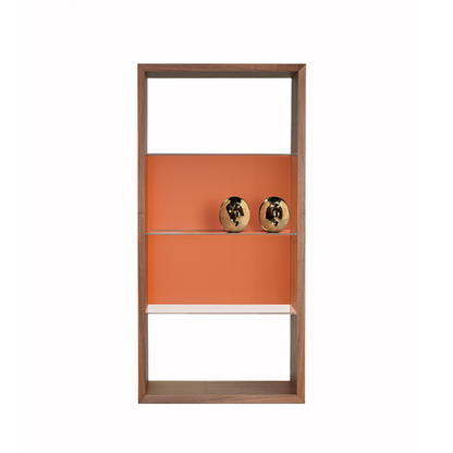 Wood and glass bookshelf. Made in Italy. Orange. Gold. Luxury.